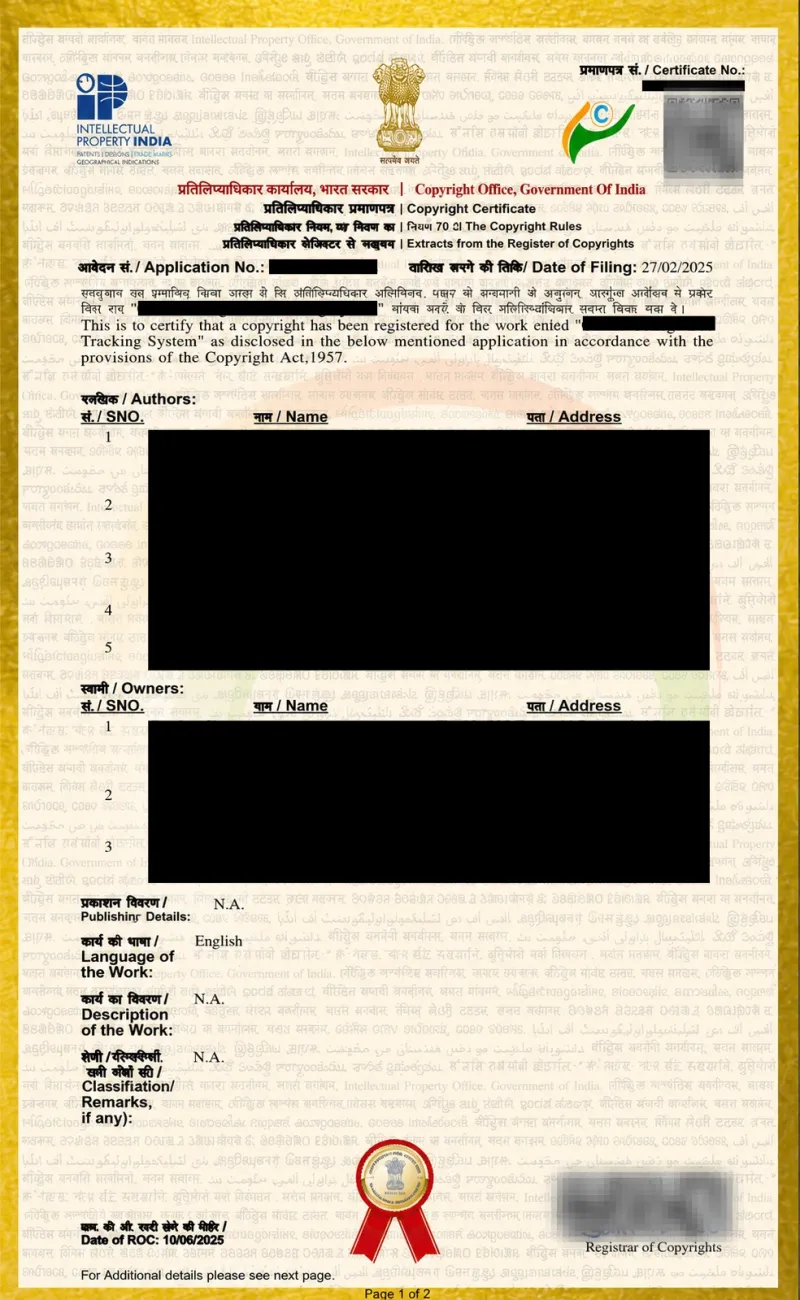 Sample copyright certificate — Copyright Office, Government of India