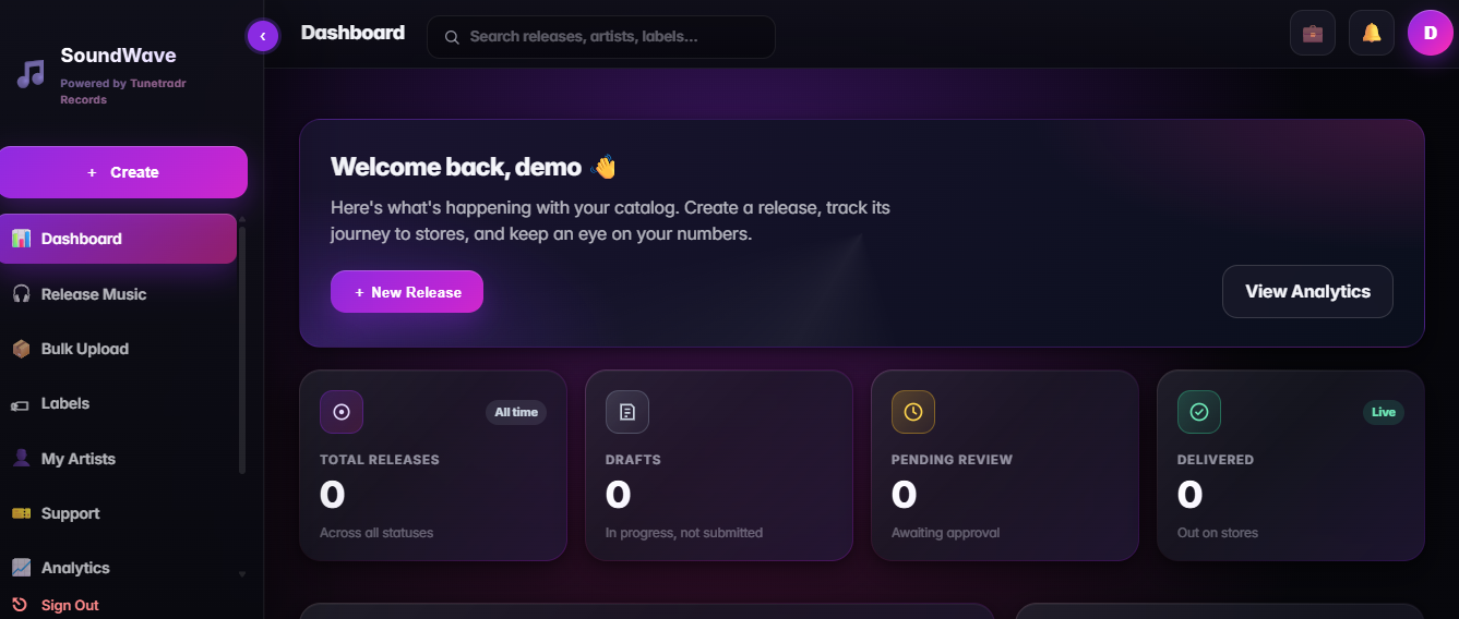 Tunetradr Records artist dashboard